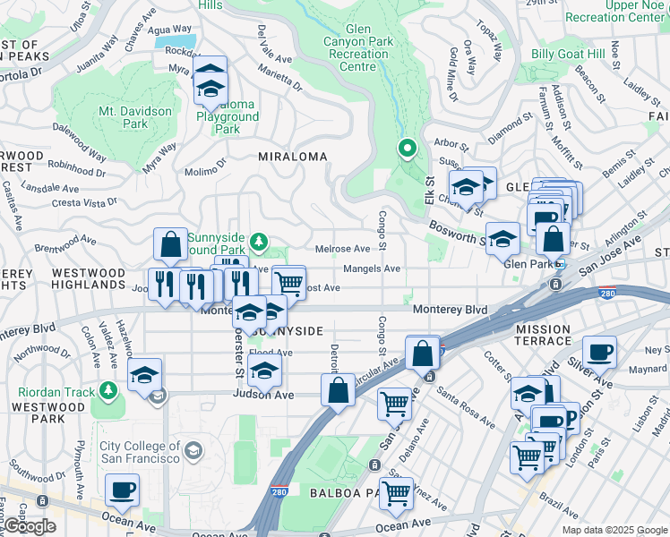map of restaurants, bars, coffee shops, grocery stores, and more near Mangels Ave & Detroit St in San Francisco