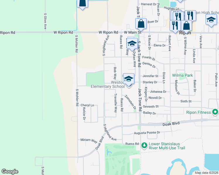 map of restaurants, bars, coffee shops, grocery stores, and more near 1720 Ruth Drive in Ripon