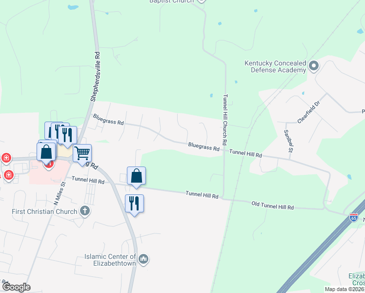 map of restaurants, bars, coffee shops, grocery stores, and more near 511 Bluegrass Road in Elizabethtown