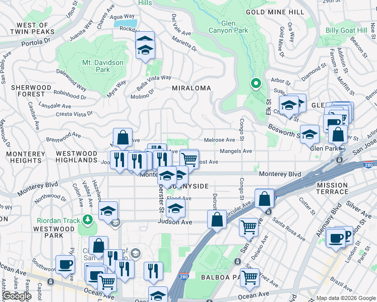 map of restaurants, bars, coffee shops, grocery stores, and more near 490 Joost Avenue in San Francisco