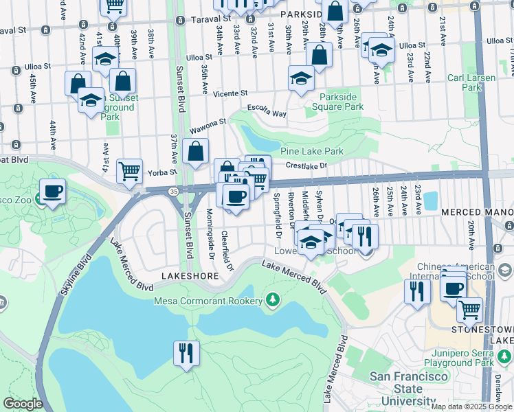 map of restaurants, bars, coffee shops, grocery stores, and more near 1523 Sloat Boulevard in San Francisco