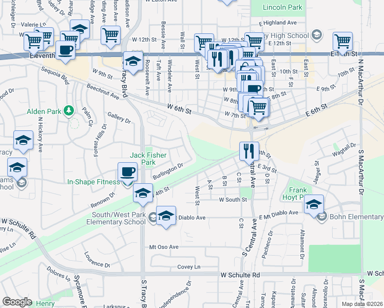 map of restaurants, bars, coffee shops, grocery stores, and more near 368 Burlington Drive in Tracy