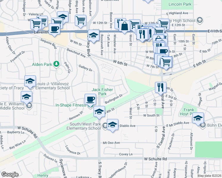 map of restaurants, bars, coffee shops, grocery stores, and more near 460 Tennis Lane in Tracy