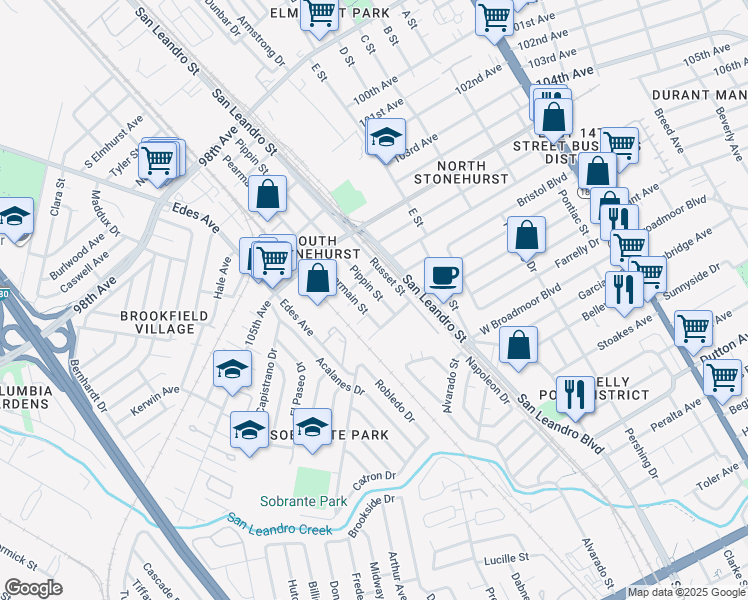 map of restaurants, bars, coffee shops, grocery stores, and more near 10799 Pippin Street in Oakland