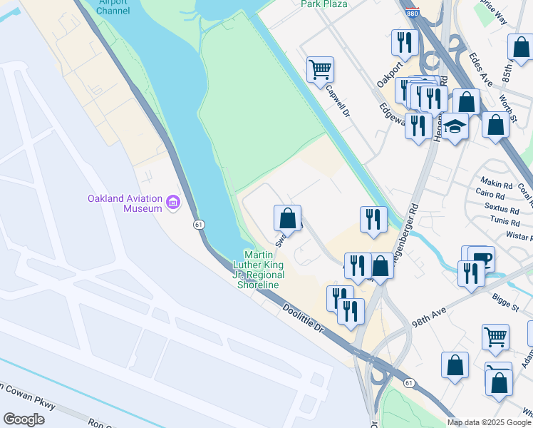 map of restaurants, bars, coffee shops, grocery stores, and more near 135-151 Swan Way in Oakland