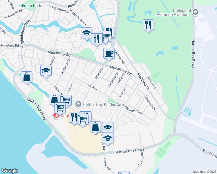 map of restaurants, bars, coffee shops, grocery stores, and more near 1080 Camellia Drive in Alameda