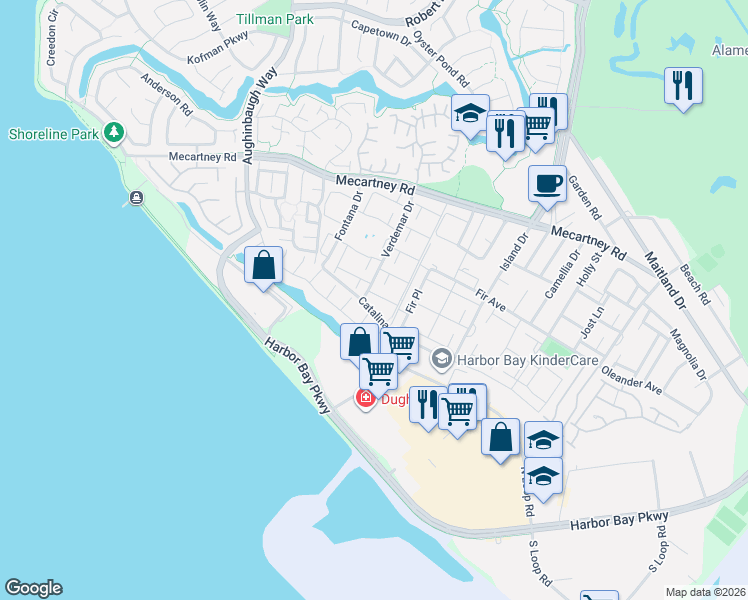 map of restaurants, bars, coffee shops, grocery stores, and more near 15 Duarte Court in Alameda