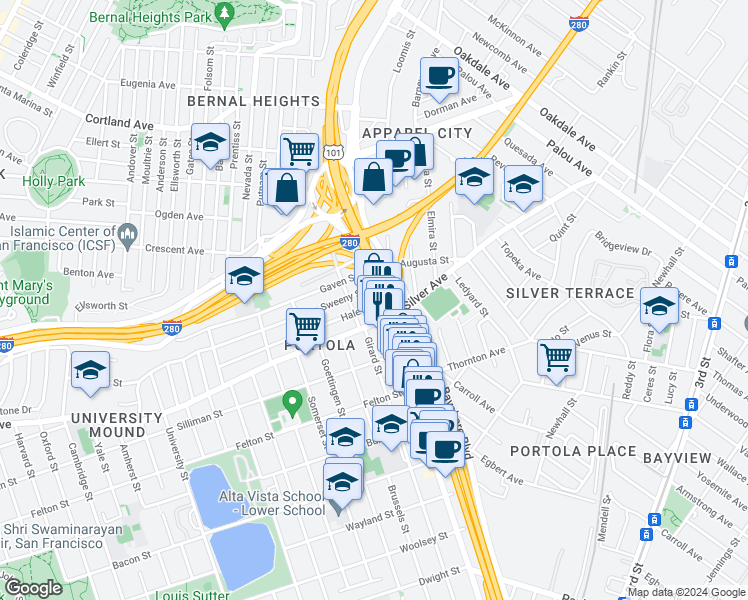 map of restaurants, bars, coffee shops, grocery stores, and more near 2380 San Bruno Avenue in San Francisco