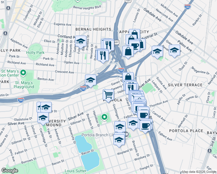 map of restaurants, bars, coffee shops, grocery stores, and more near 183 Sweeny Street in San Francisco