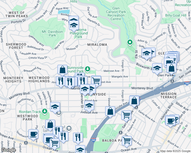 map of restaurants, bars, coffee shops, grocery stores, and more near 490 Joost Avenue in San Francisco