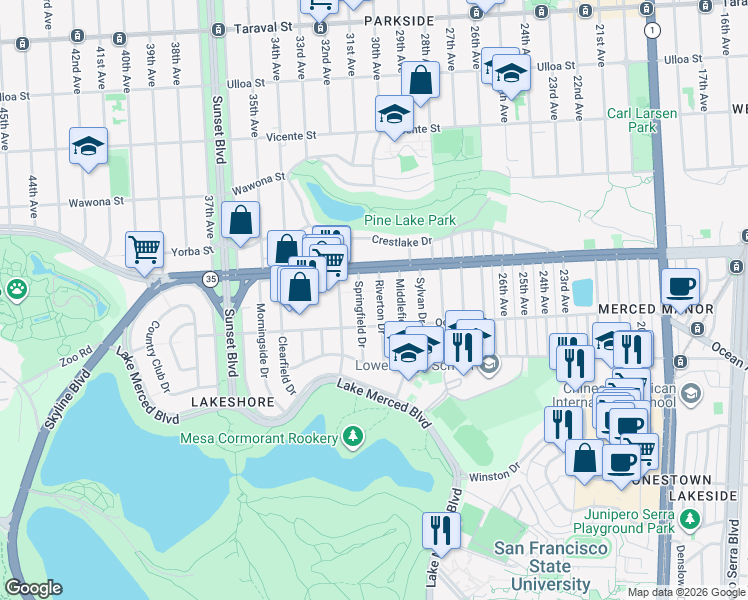 map of restaurants, bars, coffee shops, grocery stores, and more near 88 Riverton Drive in San Francisco