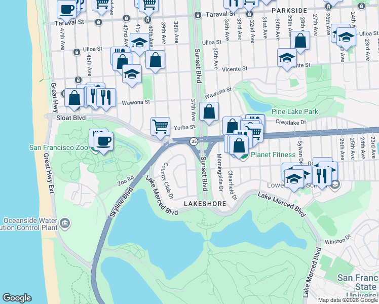 map of restaurants, bars, coffee shops, grocery stores, and more near 479 Lakeshore Drive in San Francisco