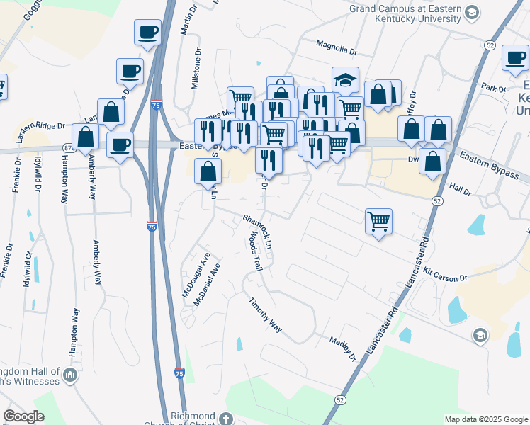 map of restaurants, bars, coffee shops, grocery stores, and more near 200 Shamrock Lane in Richmond