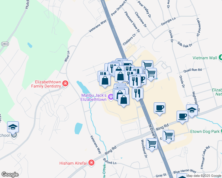 map of restaurants, bars, coffee shops, grocery stores, and more near 301 Towne Drive in Elizabethtown