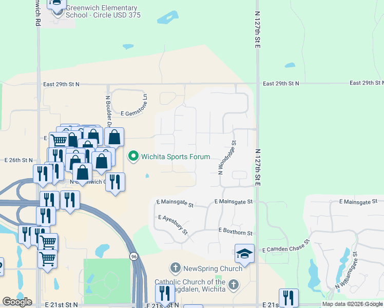 map of restaurants, bars, coffee shops, grocery stores, and more near 2651 North Woodridge Court in Wichita