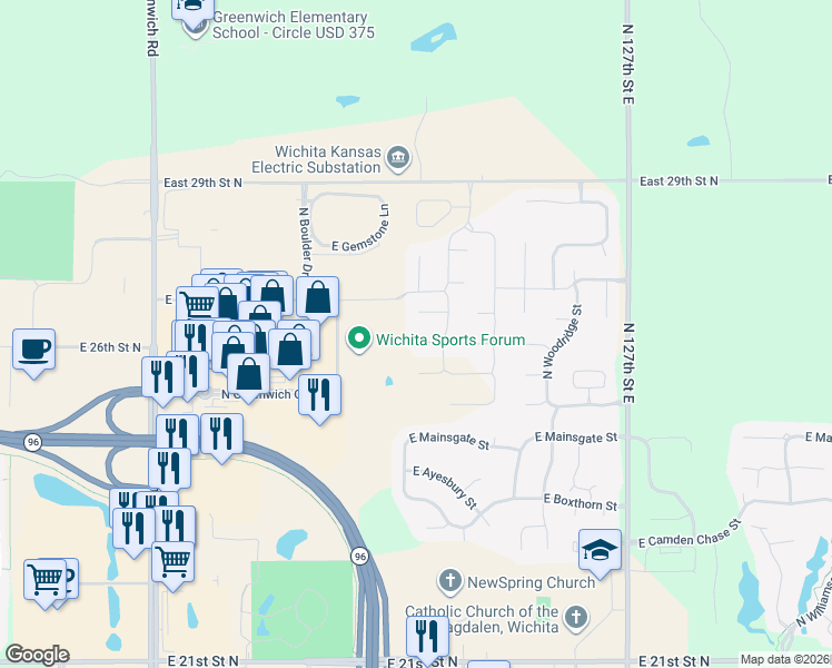 map of restaurants, bars, coffee shops, grocery stores, and more near 2660 North Greenwich Road in Wichita