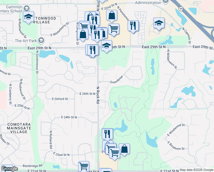 map of restaurants, bars, coffee shops, grocery stores, and more near 2685-2731 North Dublin Circle in Wichita