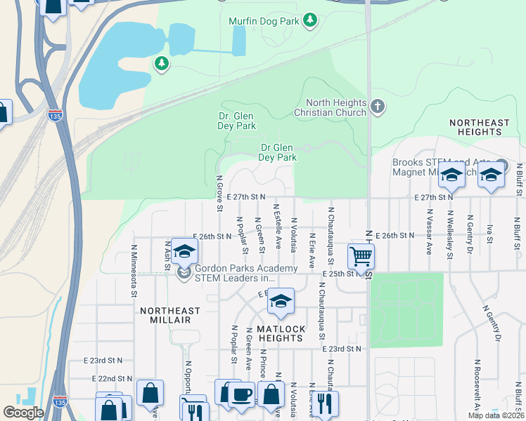 map of restaurants, bars, coffee shops, grocery stores, and more near 2701 N Estelle St in Wichita