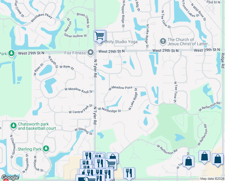 map of restaurants, bars, coffee shops, grocery stores, and more near 8430-8432 Meadow Pass Court in Wichita