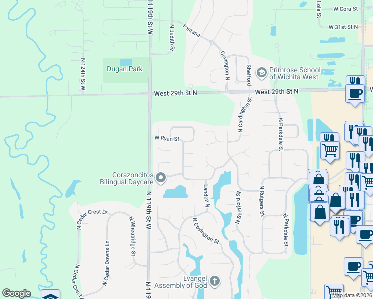 map of restaurants, bars, coffee shops, grocery stores, and more near 2742 N Parkridge Ct in Wichita
