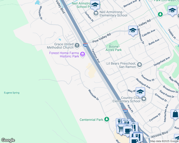 map of restaurants, bars, coffee shops, grocery stores, and more near 20709 San Ramon Valley Boulevard in San Ramon
