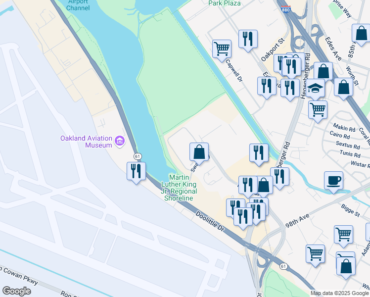 map of restaurants, bars, coffee shops, grocery stores, and more near 8350 Pardee Drive in Oakland