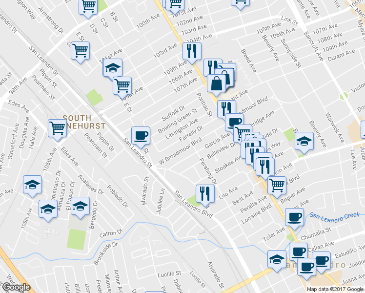 map of restaurants, bars, coffee shops, grocery stores, and more near 332 West Broadmoor Boulevard in San Leandro