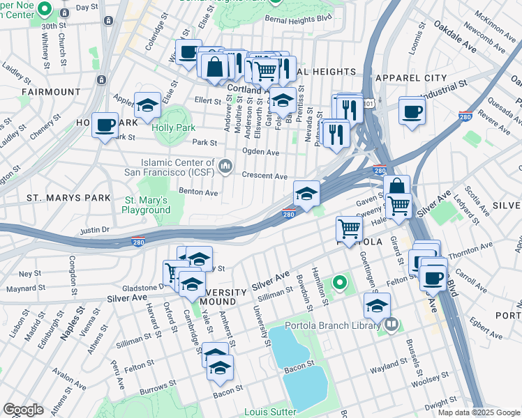 map of restaurants, bars, coffee shops, grocery stores, and more near 400 Alemany Boulevard in San Francisco