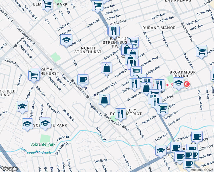 map of restaurants, bars, coffee shops, grocery stores, and more near 332 West Broadmoor Boulevard in San Leandro