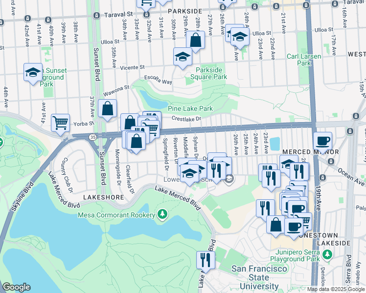 map of restaurants, bars, coffee shops, grocery stores, and more near 88 Riverton Drive in San Francisco