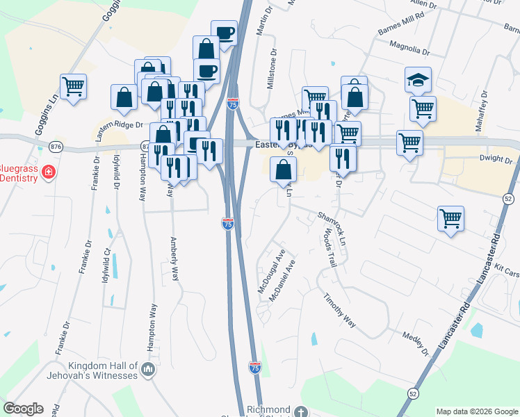 map of restaurants, bars, coffee shops, grocery stores, and more near 109 Manna Drive in Richmond