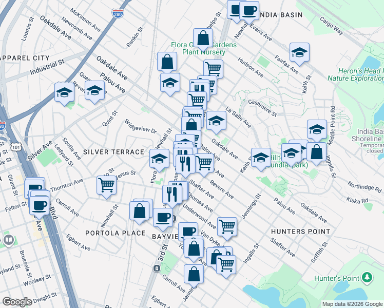 map of restaurants, bars, coffee shops, grocery stores, and more near 3rd St & Quesada Ave in San Francisco