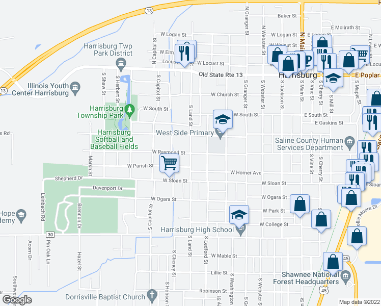 map of restaurants, bars, coffee shops, grocery stores, and more near 398 S Land St in Harrisburg
