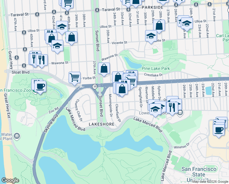 map of restaurants, bars, coffee shops, grocery stores, and more near 33 Clearfield Drive in San Francisco