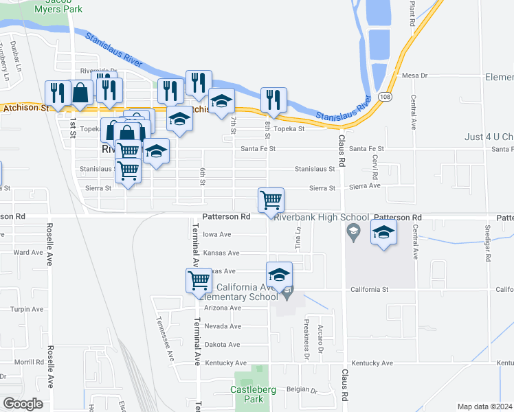 map of restaurants, bars, coffee shops, grocery stores, and more near 3766 Patterson Road in Riverbank