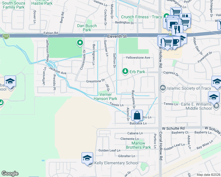 map of restaurants, bars, coffee shops, grocery stores, and more near 304 Jill Drive in Tracy