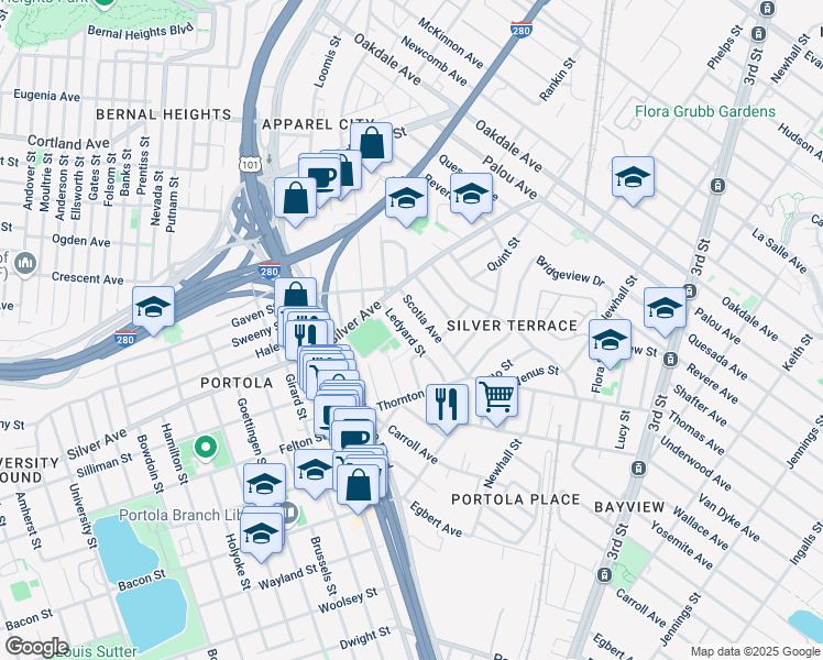 map of restaurants, bars, coffee shops, grocery stores, and more near 96 Ledyard Street in San Francisco