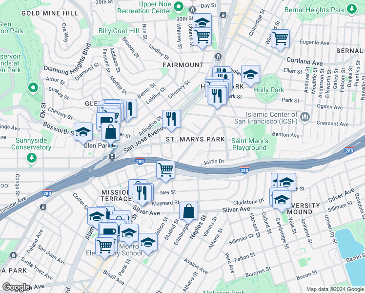 map of restaurants, bars, coffee shops, grocery stores, and more near 4059 Mission Street in San Francisco