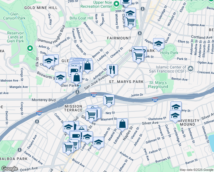 map of restaurants, bars, coffee shops, grocery stores, and more near 137 Rousseau Street in San Francisco