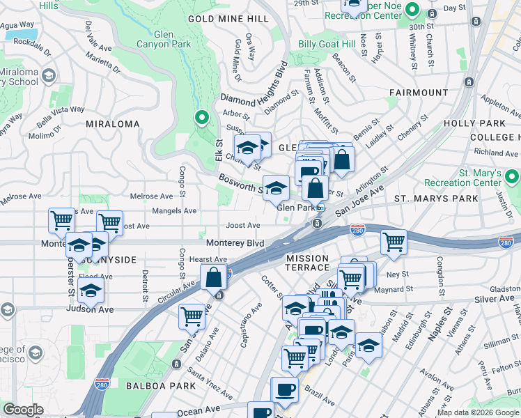 map of restaurants, bars, coffee shops, grocery stores, and more near 103 Acadia Street in San Francisco