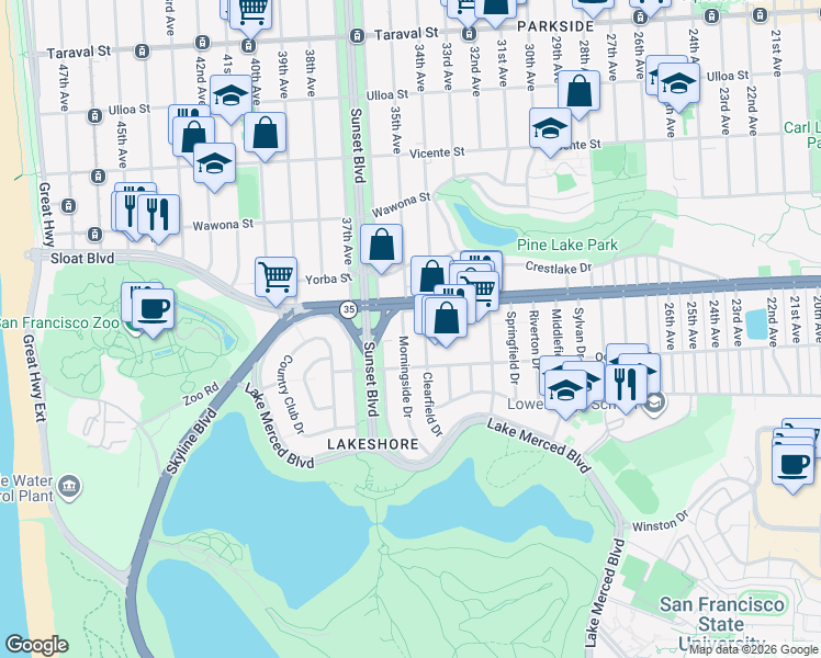 map of restaurants, bars, coffee shops, grocery stores, and more near 81 Clearfield Drive in San Francisco