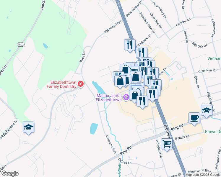 map of restaurants, bars, coffee shops, grocery stores, and more near 317 Towne Drive in Elizabethtown