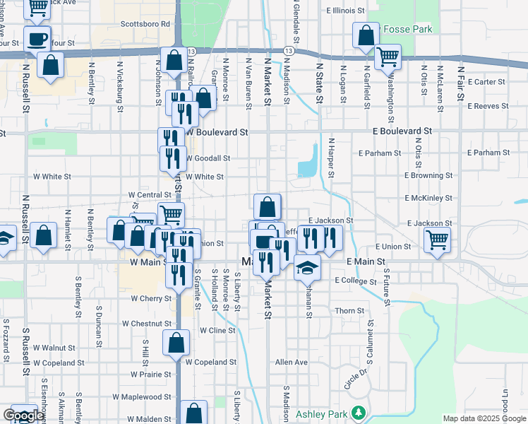 map of restaurants, bars, coffee shops, grocery stores, and more near 400 North Market Street in Marion
