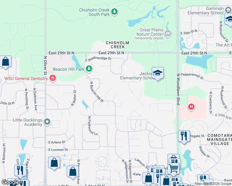 map of restaurants, bars, coffee shops, grocery stores, and more near 2658 North Ridgewood Court in Wichita