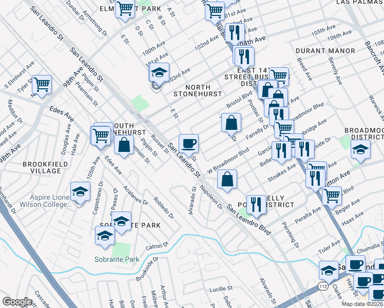 map of restaurants, bars, coffee shops, grocery stores, and more near Royal Street in Oakland
