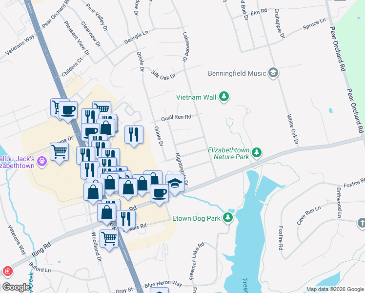map of restaurants, bars, coffee shops, grocery stores, and more near 1615 Nightingale Drive in Elizabethtown