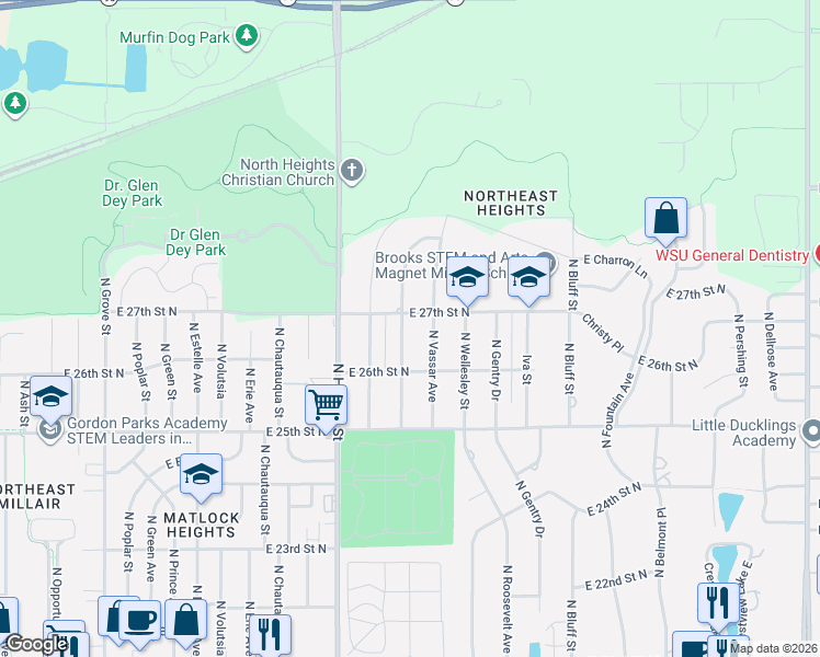 map of restaurants, bars, coffee shops, grocery stores, and more near 2722 Fairmount Street in Wichita