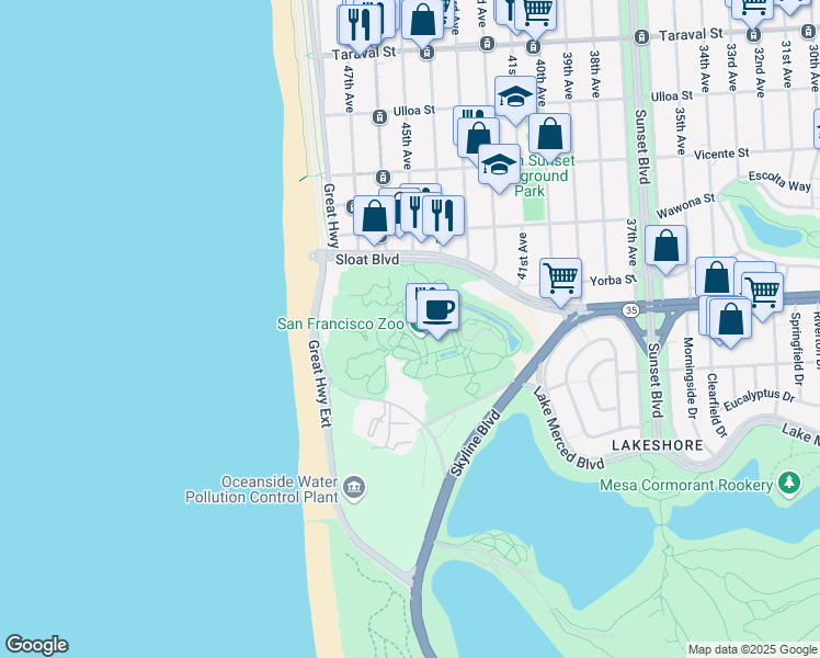 map of restaurants, bars, coffee shops, grocery stores, and more near 1 Zoo Road in San Francisco