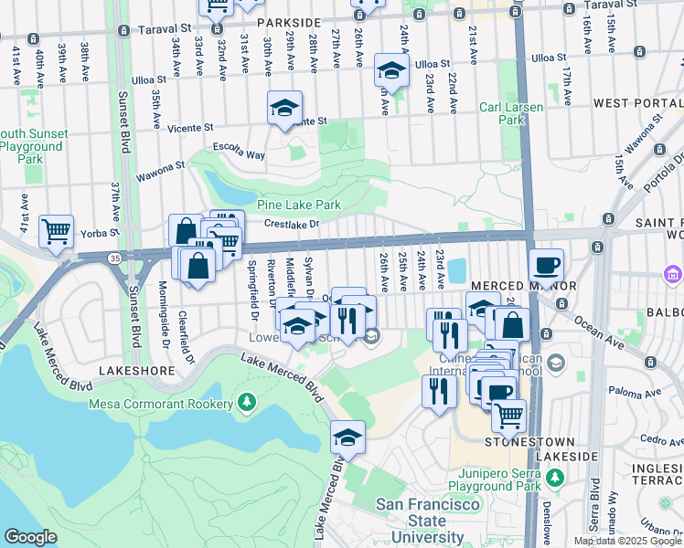 map of restaurants, bars, coffee shops, grocery stores, and more near 55 Forest View Drive in San Francisco