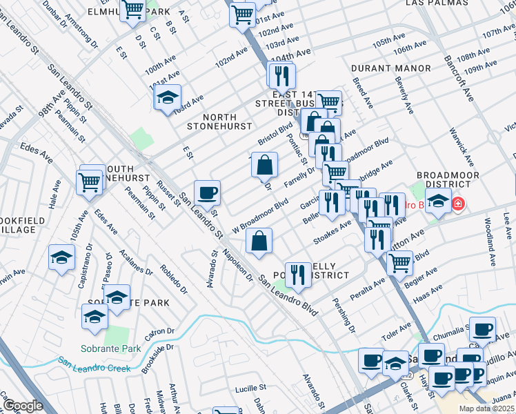 map of restaurants, bars, coffee shops, grocery stores, and more near 337 Farrelly Drive in San Leandro